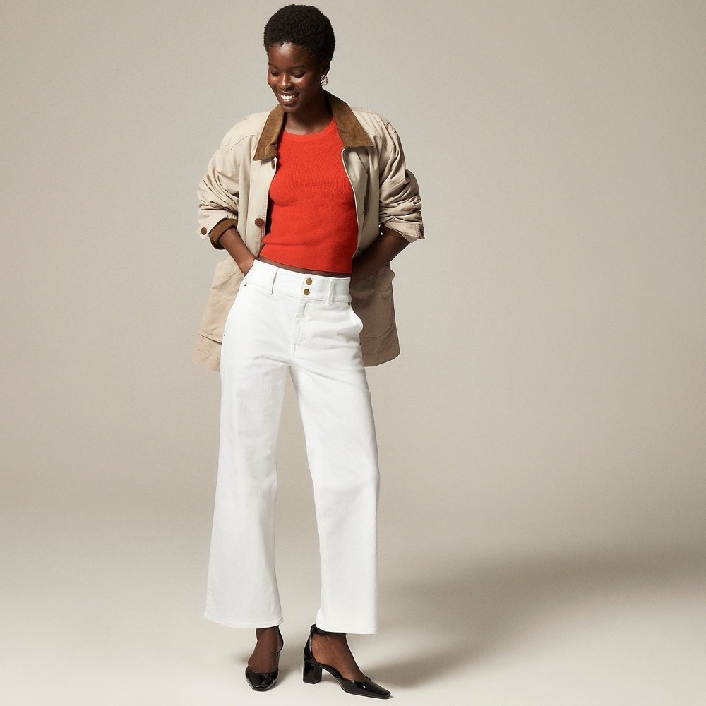 NWT!! J. CREW Slim Wide Leg Jeans Stacked Buttons Solid White Preppy Size 27